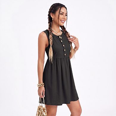 Women's Button Front Mini Dress Sleeveless Babydoll A Line Dress