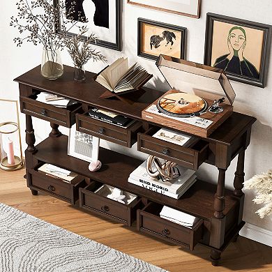 KWPZQEB Pine Wood Console Table with 6 Drawers & Shelf, 2-Tier Couch Foyer Table