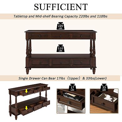 KWPZQEB Pine Wood Console Table with 6 Drawers & Shelf, 2-Tier Couch Foyer Table
