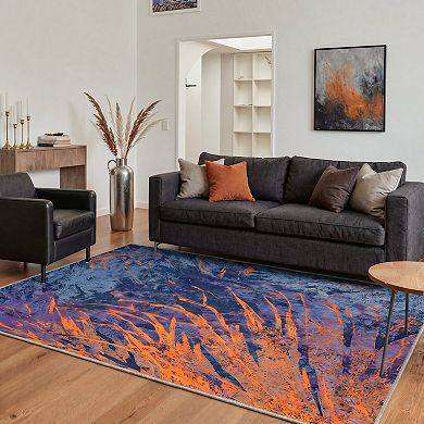 GENIMO Abstract Palm Frond Brushstroke Machine Washable Low Pile Non Slip Soft Rug