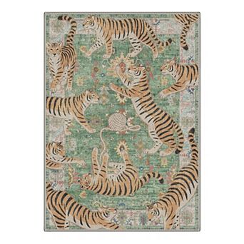 GENIMO Tiger Oriental Floral Border Machine Washable Low Pile Non Slip Soft Rug