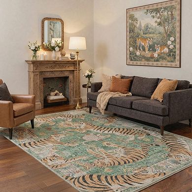 GENIMO Tiger Oriental Floral Border Machine Washable Low Pile Non Slip Soft Rug