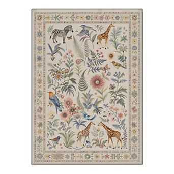 GENIMO Safari Animal Floral Border Machine Washable Low Pile Non Slip Soft Rug