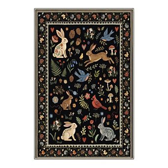 GENIMO Woodland Rabbit Bird Floral Border Machine Washable Low Pile Non Slip Soft Rug