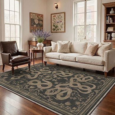 GENIMO Vintage Serpent Floral Border Machine Washable Low Pile Non Slip Soft Rug