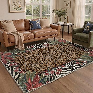 GENIMO Leopard Tropical Leaf Border Machine Washable Low Pile Non Slip Soft Rug