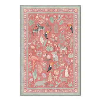 GENIMO Safari Animal Floral Border Machine Washable Low Pile Non Slip Soft Rug