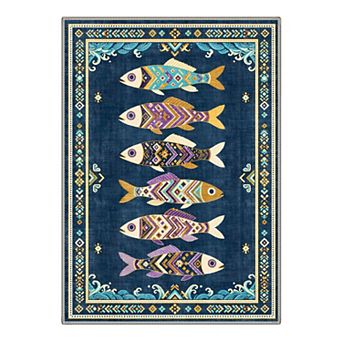 GENIMO Coastal Fish Geometric Border Machine Washable Low Pile Non Slip Soft Rug