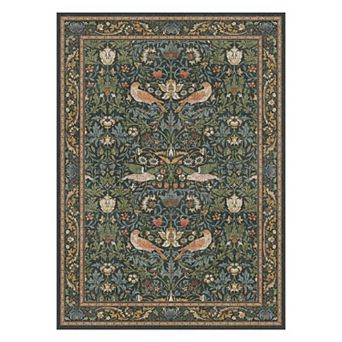 GENIMO Vintage Bird Floral Border Machine Washable Low Pile Non Slip Soft Rug