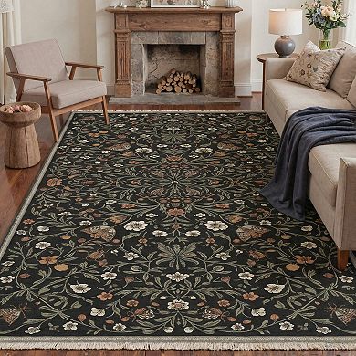 GENIMO Vintage Butterfly Floral Vine Machine Washable Low Pile Non Slip Soft Rug