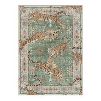GENIMO Tiger Oriental Floral Border Machine Washable Low Pile Non Slip Soft Rug