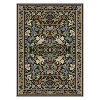 GENIMO Vintage Crane Floral Border Machine Washable Low Pile Non Slip Soft Rug