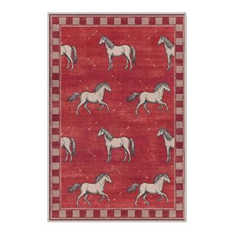 GENIMO Western Horse Checkered Border Machine Washable Low Pile Non Slip Soft Rug