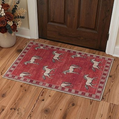 GENIMO Western Horse Checkered Border Machine Washable Low Pile Non Slip Soft Rug