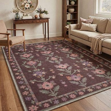 GENIMO Vintage Floral Vine Border Machine Washable Low Pile Non Slip Soft Rug