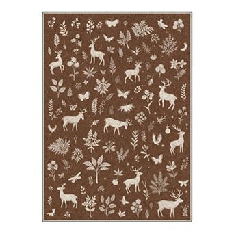 GENIMO Woodland Deer Botanical Machine Washable Low Pile Non Slip Soft Rug