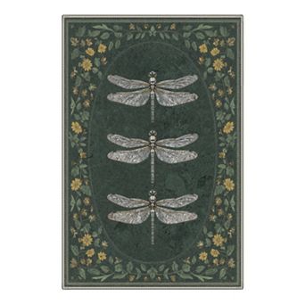 GENIMO Dragonfly Floral Border Machine Washable Low Pile Non Slip Soft Rug