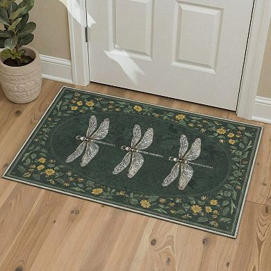 GENIMO Dragonfly Floral Border Machine Washable Low Pile Non Slip Soft Rug