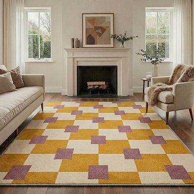 GENIMO Modern Checkerboard Block Machine Washable Low Pile Non Slip Soft Rug