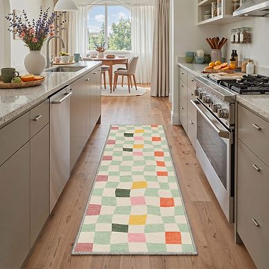 GENIMO Modern Wavy Checkerboard Machine Washable Low Pile Non Slip Soft Rug