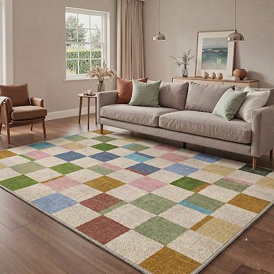 GENIMO Modern Mosaic Checkerboard Machine Washable Low Pile Non Slip Soft Rug