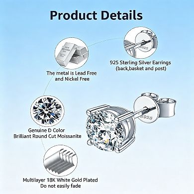 925 Silver Moissanite Stud Earrings For Women