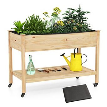 YIORTWO Wooden Raised Garden Bed with Wheels, Elevated Planter Box with Shelf for Vegetables
