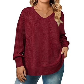 Zeagoo Women's Plus Size V-Neck Long Sleeve Loose Lightweight Sweater