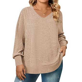 Zeagoo Women's Plus Size V-Neck Long Sleeve Loose Lightweight Sweater