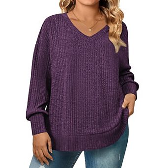 Zeagoo Women's Plus Size V-Neck Long Sleeve Loose Lightweight Sweater