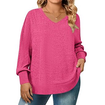 Zeagoo Women's Plus Size V-Neck Long Sleeve Loose Lightweight Sweater
