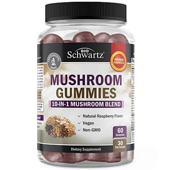 BioSchwartz 10-in-1 Mushroom Gummies for Adults, Raspberry, 60 Count.