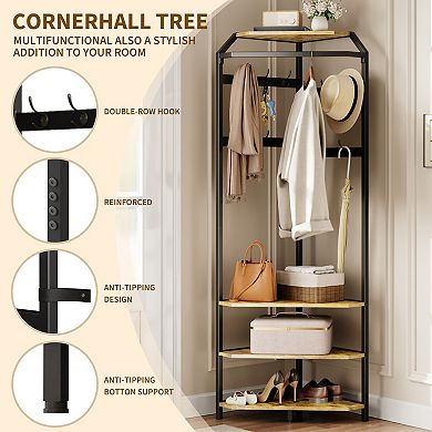 Corner Hall Tree with Shoe Bench and Storage Shelf Space Saving Entryway Organizer for Hallway