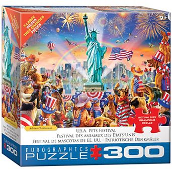 Eurographics Puzzles USA Pets Festival 300 pc XL Jigsaw Puzzle Whimsical Animal Celebration