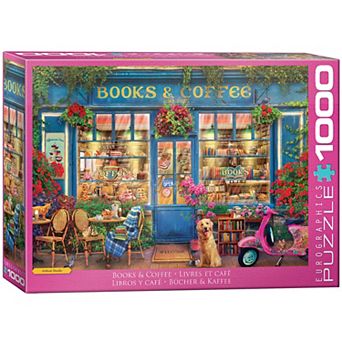 Eurographics Puzzles Books & Coffee 1000 pc Jigsaw Puzzle Cozy Bookstore Café Scene