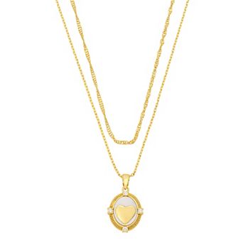 Isla & Alex 14k Gold Flash Plated Cubic Zirconia & Mother-of-Pearl Oval Heart Pendant Layered Necklace