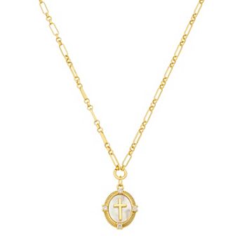 Isla & Alex 14k Gold Flash Plated Cubic Zirconia & Mother-of-Pearl Cross Pendant Necklace