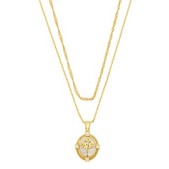 Isla & Alex 14k Gold Flash Plated Cubic Zirconia & Mother-of-Pearl Family Tree Pendant Layered Necklace