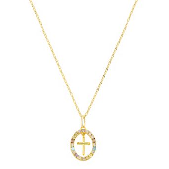 Isla & Alex 14k Gold Flash Plated Cubic Zirconia Oval & Cross Charm Pendant Necklace