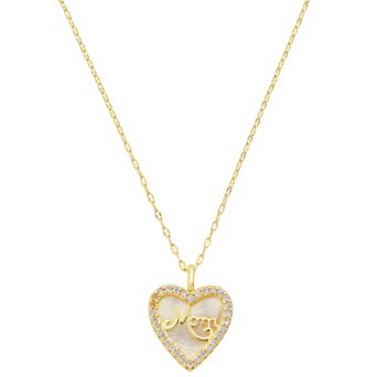 Isla & Alex 14k Gold Flash Plated Cubic Zirconia & Mother-of-Pearl Mom Heart Pendant Necklace