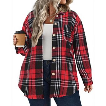 Zeagoo Women' Plus Size Plaid Shacket Long Sleeve Button Down Shirts