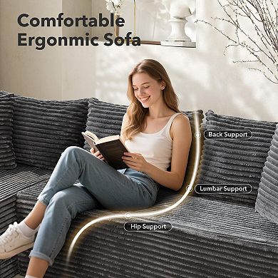 106 Inch L Shaped Modular Cloud Sofa 25mm Corduroy Deep Seat Boneless Compressed Couch