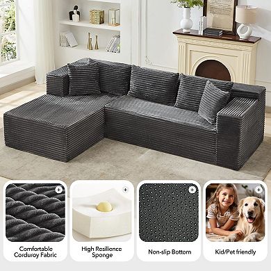 106 Inch L Shaped Modular Cloud Sofa 25mm Corduroy Deep Seat Boneless Compressed Couch