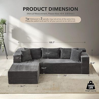 106 Inch L Shaped Modular Cloud Sofa 25mm Corduroy Deep Seat Boneless Compressed Couch