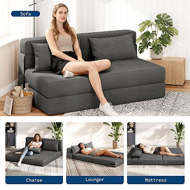 80'' Modern Linen Blend Convertible Folding Sofa Bed with Pillow