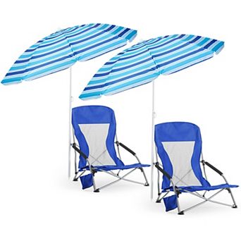2 Pack Beach Chair With Umbrella Adjustable Lightweight Portable Camping Travel