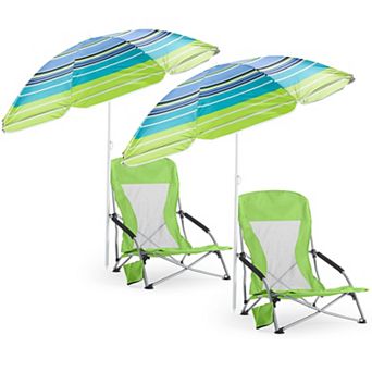 2 Pack Beach Chair With Umbrella Adjustable Lightweight Portable Camping Travel