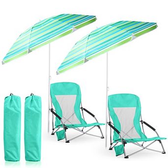 2 Pack Beach Chair With Umbrella Adjustable Lightweight Portable Camping Travel