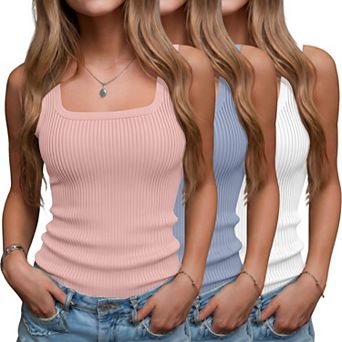 3 Pack Women's Ribbed Square Neck Slim Fitted Casual Summer Tank Tops