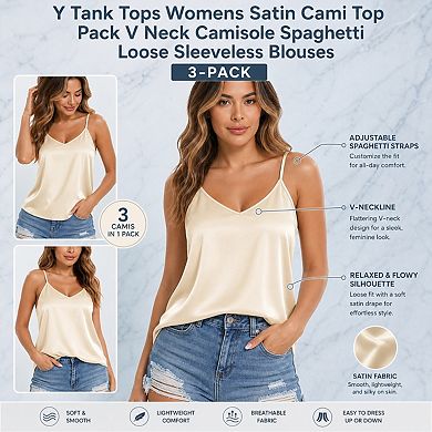 Women Satin V Neck Cami Top Spaghetti Strap Soft Sleeveless Blouse